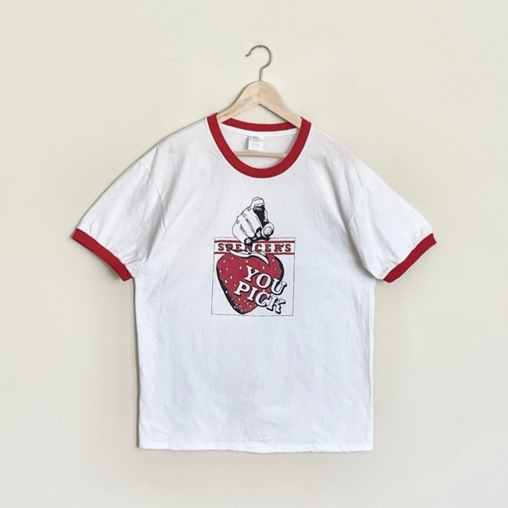 NEW Spencer’s You Pick Berry Farm Graphic White Red Ringer T Shirt Adult L